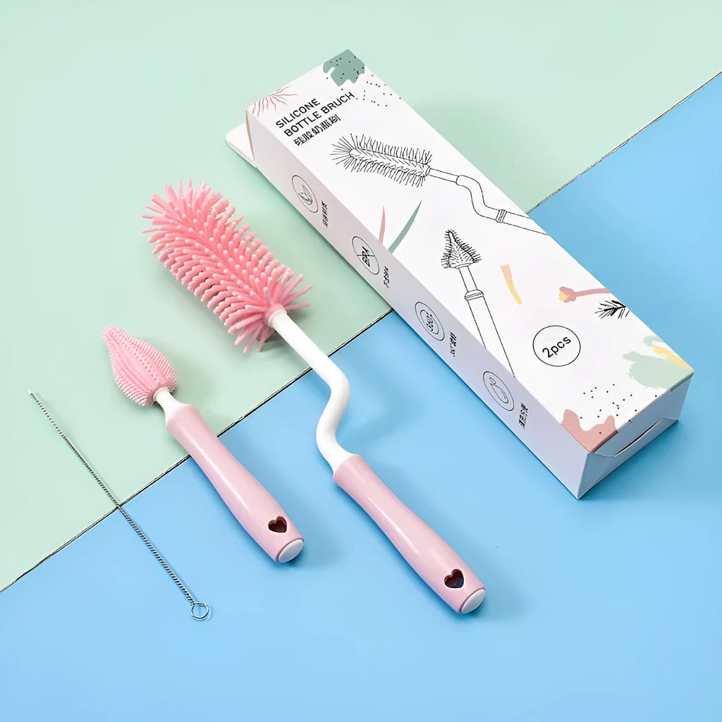 Baby bottle cleaning brush set with silicone heads for bottles and straws in blue pink yellow colours