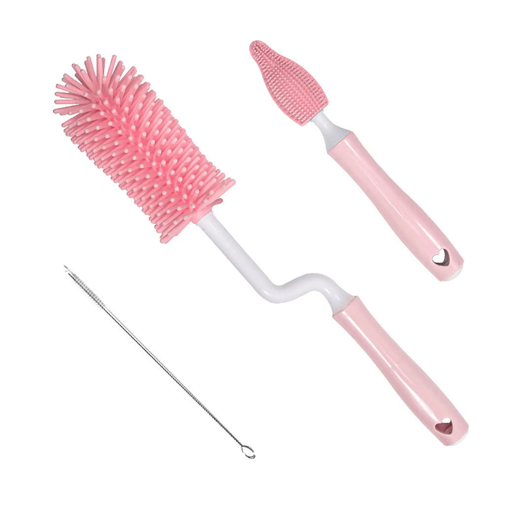 Baby bottle cleaning brush set with silicone heads for bottles and straws in blue pink yellow colours