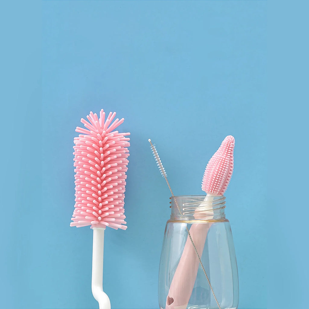 Baby bottle cleaning brush set with silicone heads for bottles and straws in blue pink yellow colours