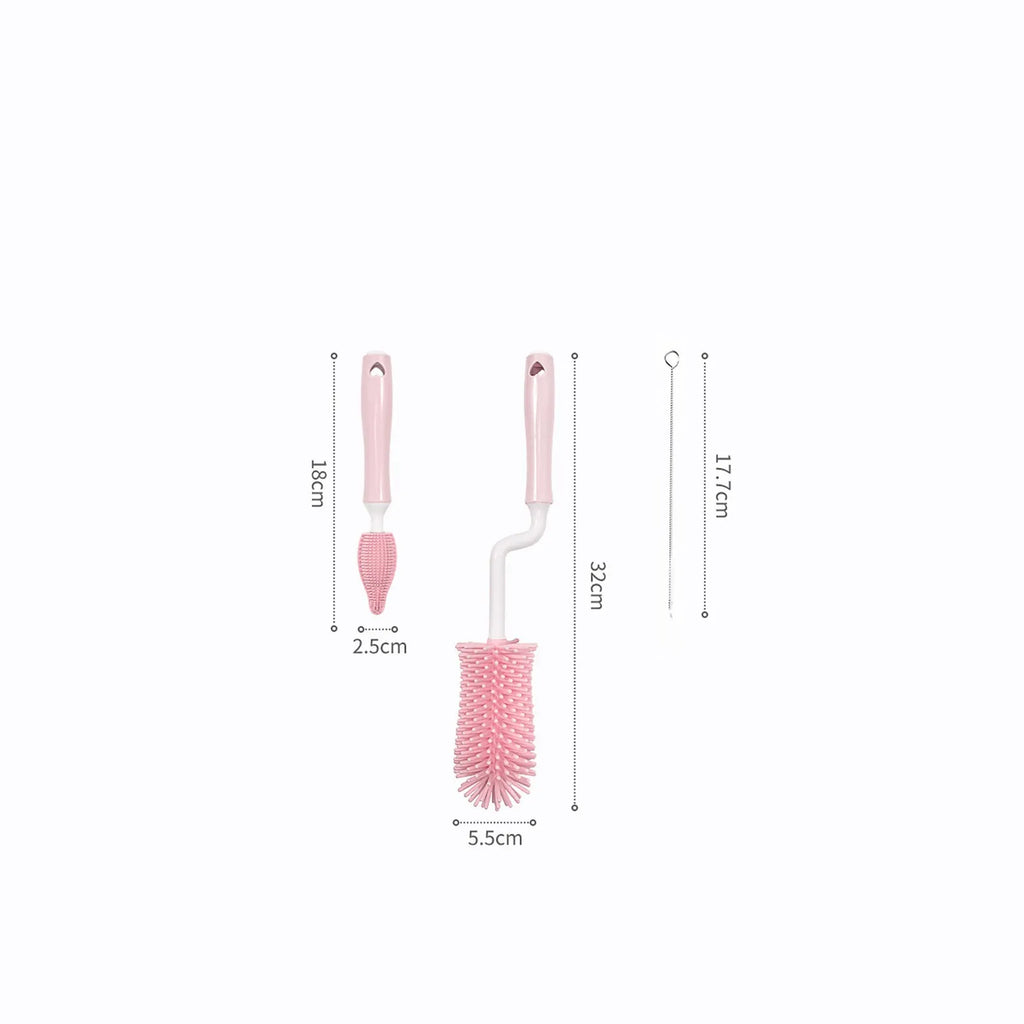 Baby bottle cleaning brush set with silicone heads for bottles and straws in blue pink yellow colours