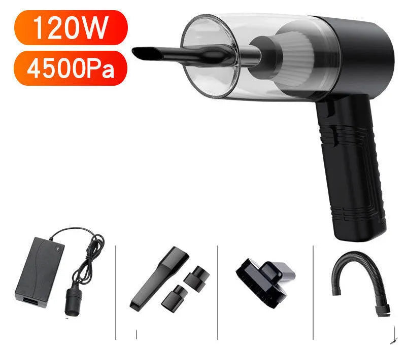 Black handheld car vacuum cleaner with accessories on 5 metre cord for 12V vehicle and home use