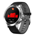 Smart sports bracelet with circular IPS screen on a silicone wristband, displaying weather and notification icons.