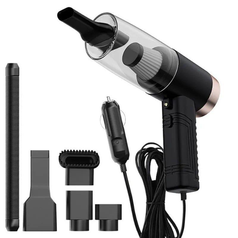 Black handheld car vacuum cleaner with accessories on 5 metre cord for 12V vehicle and home use