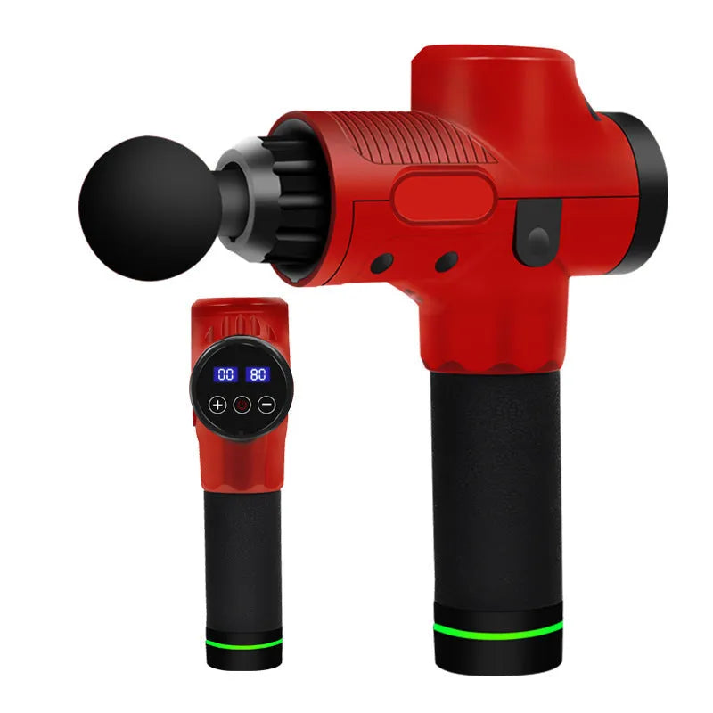 Black electric massage gun with multiple interchangeable heads on a grey background