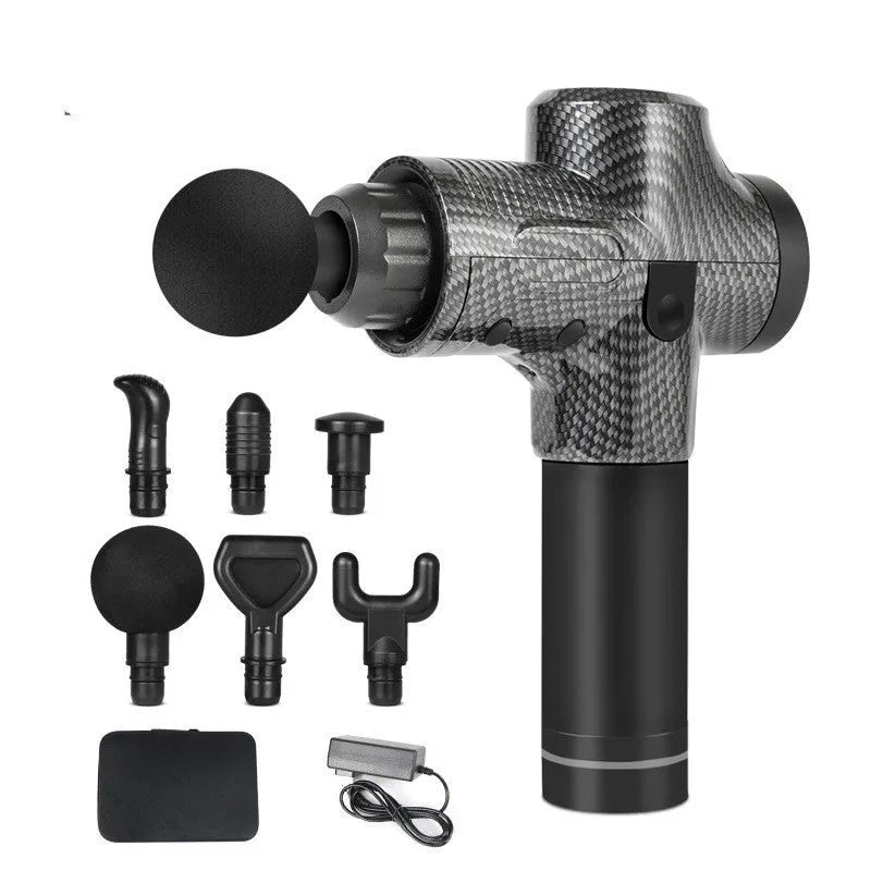 Black electric massage gun with multiple interchangeable heads on a grey background