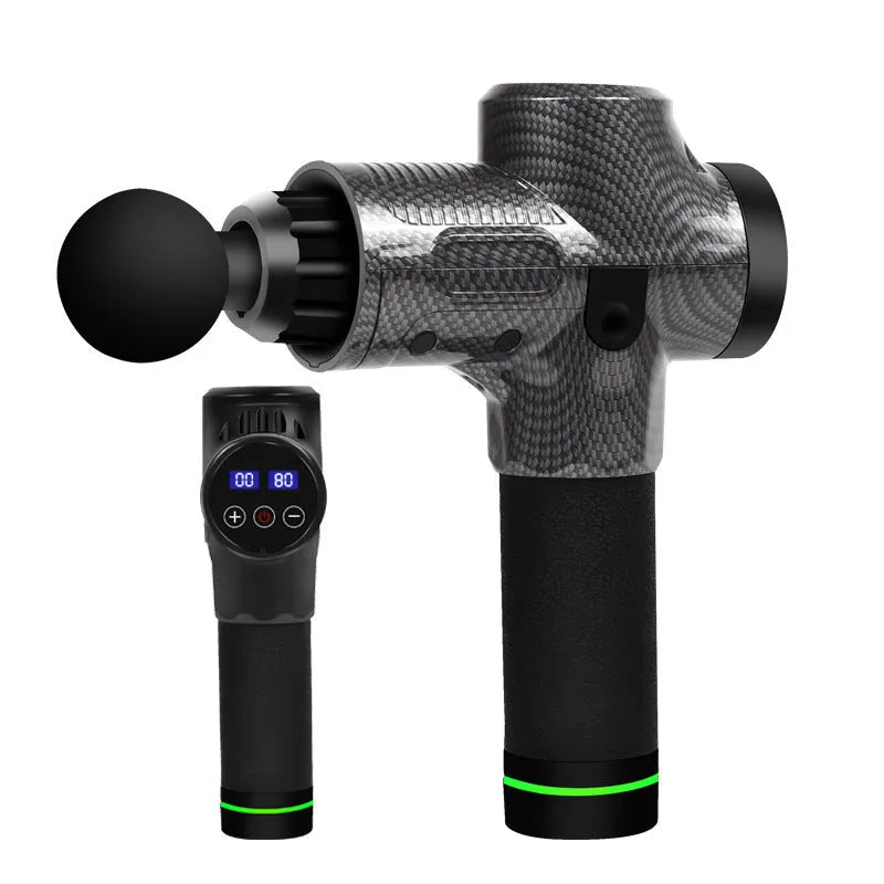 Black electric massage gun with multiple interchangeable heads on a grey background