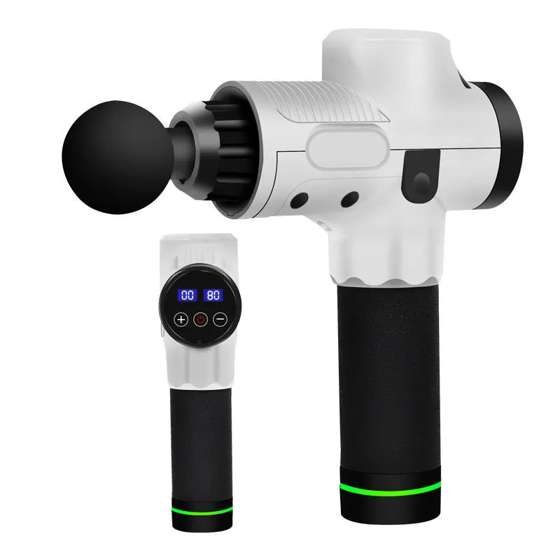 Black electric massage gun with multiple interchangeable heads on a grey background