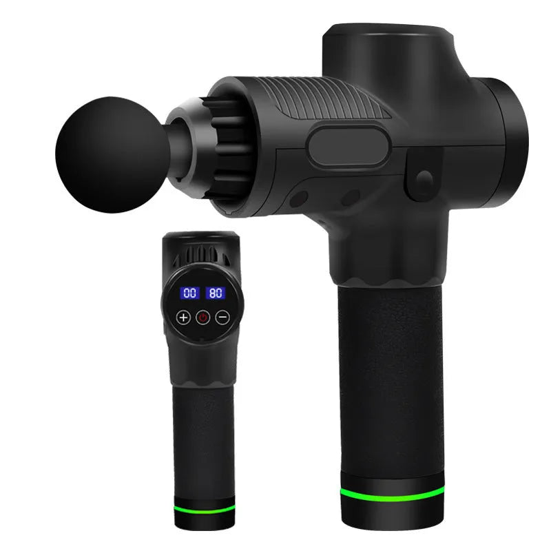 Black electric massage gun with multiple interchangeable heads on a grey background