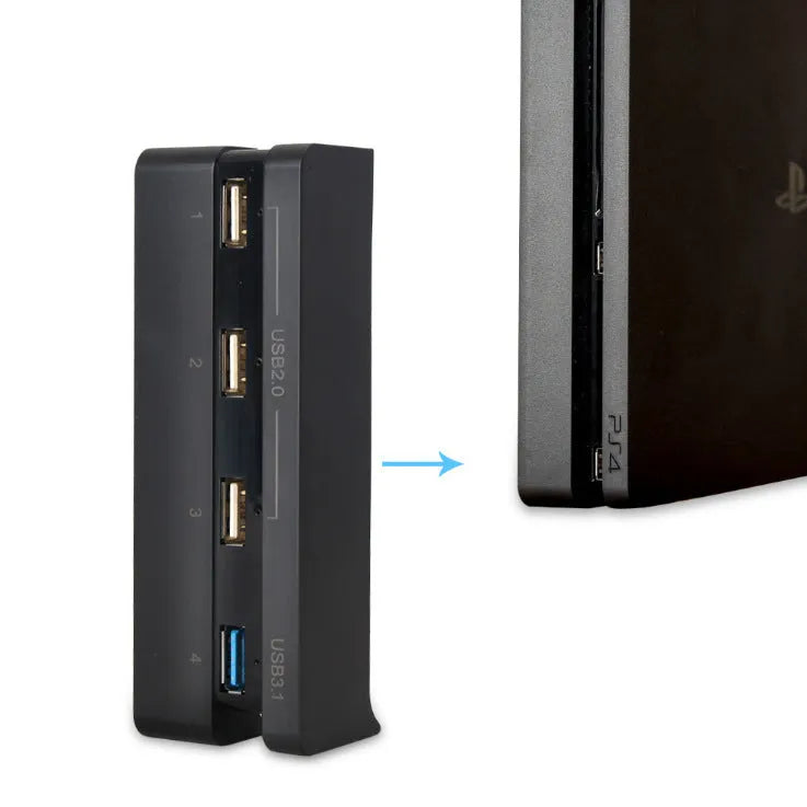 Black PS4 Slim USB hub extender with 2.0 and 3.0 ports for PlayStation 4 console