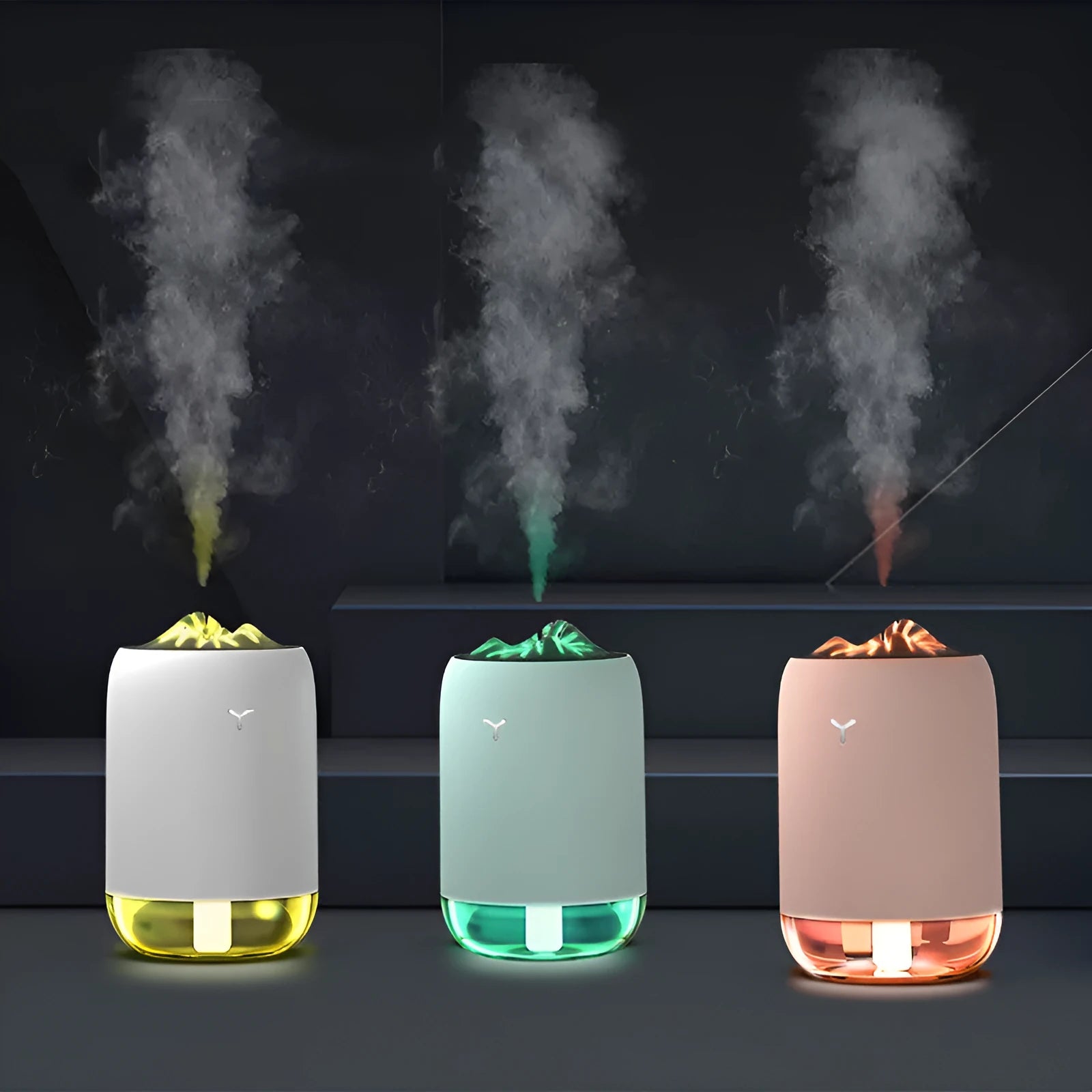 Magic Flame columnar ultrasonic humidifier diffuser in light blue pink or white colours