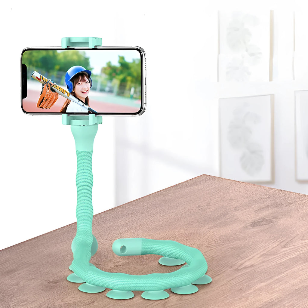 Flexible silicone phone holder with suction cup showing 360° rotation and 62cm length