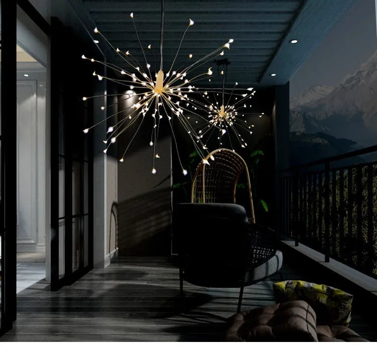 Solar-powered LED meteor shower string lights with remote control hanging outdoors.