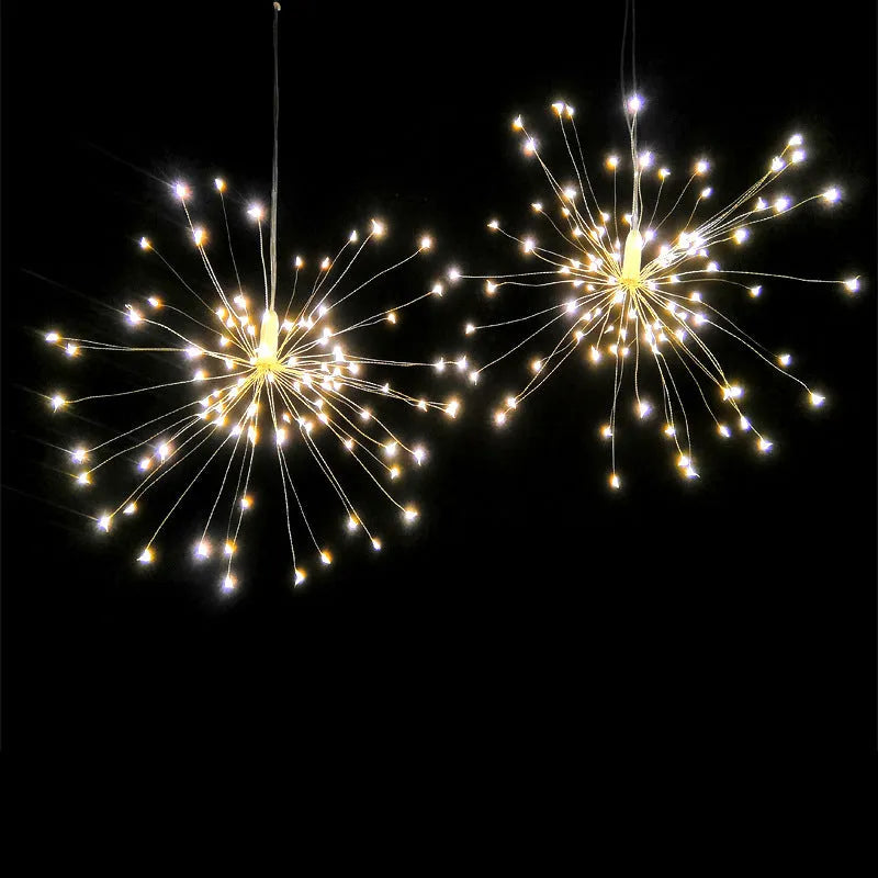 Solar-powered LED meteor shower string lights with remote control hanging outdoors.