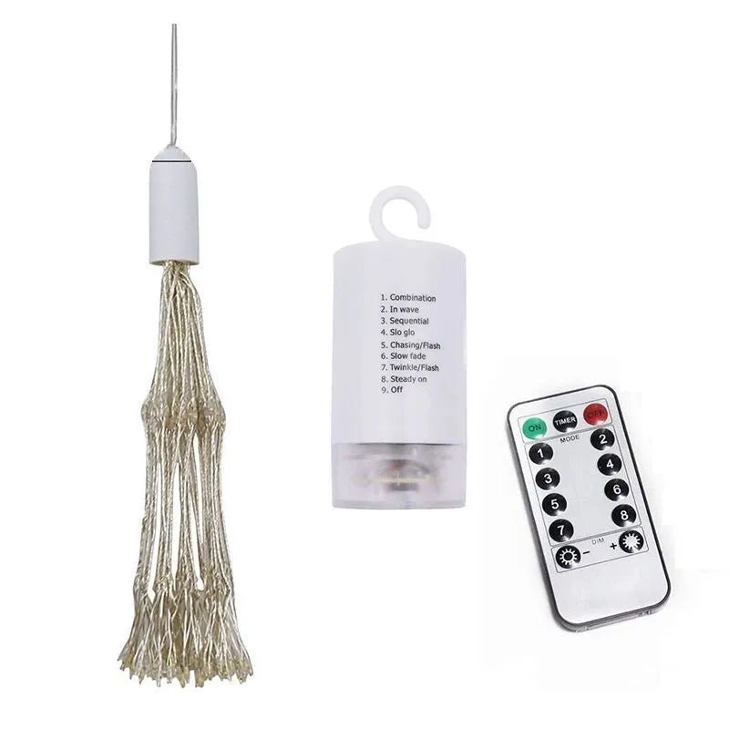 Solar-powered LED meteor shower string lights with remote control hanging outdoors.