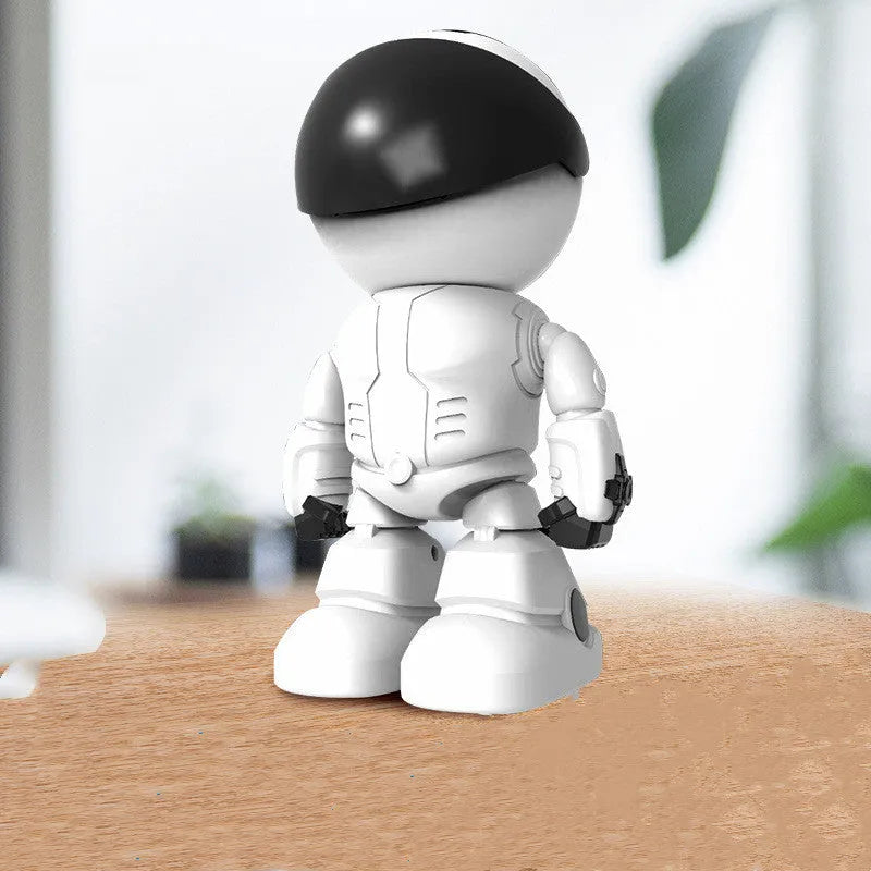 Silver remote control PTZ security camera with wide-angle lens on a motorised base.