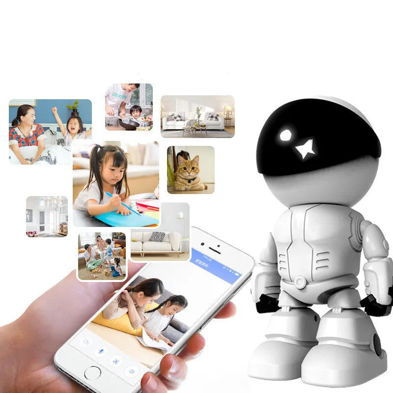 Silver remote control PTZ security camera with wide-angle lens on a motorised base.