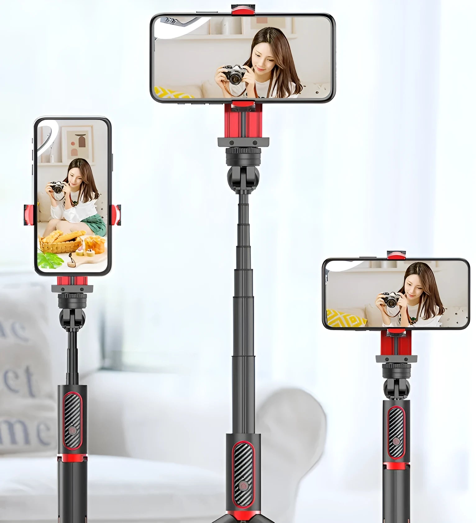 Aluminium smartphone video stabiliser tripod extended to 716mm with adjustable phone clamp