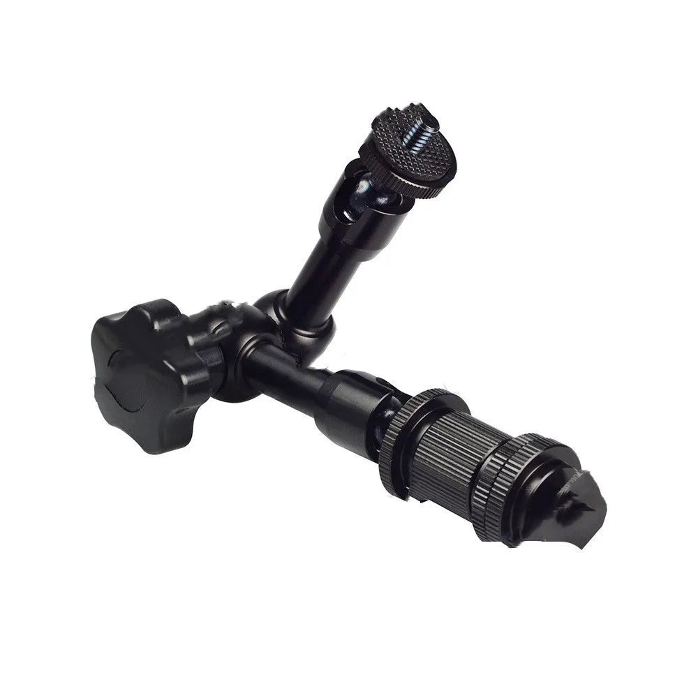 Black metal 7-inch articulating magic arm for DSLR cameras with hot shoe and camera mounts.