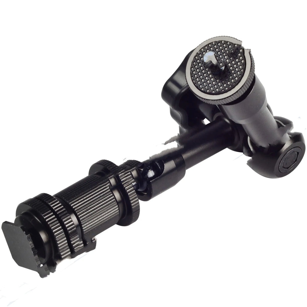 Black metal 7-inch articulating magic arm for DSLR cameras with hot shoe and camera mounts.