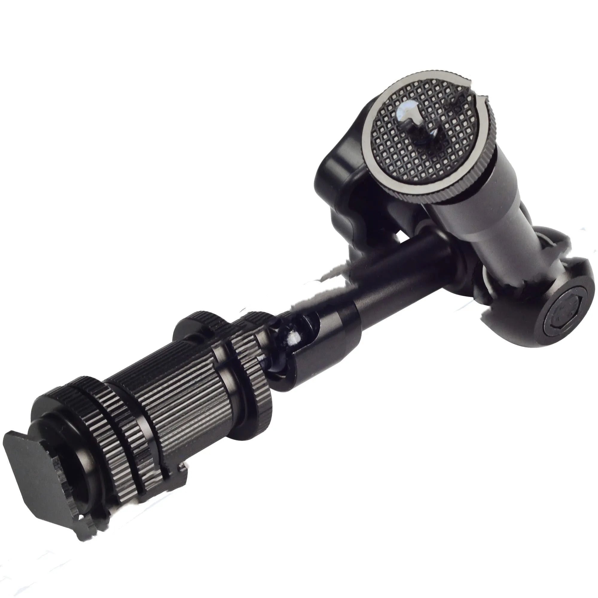 Black metal 7-inch articulating magic arm for DSLR cameras with hot shoe and camera mounts.