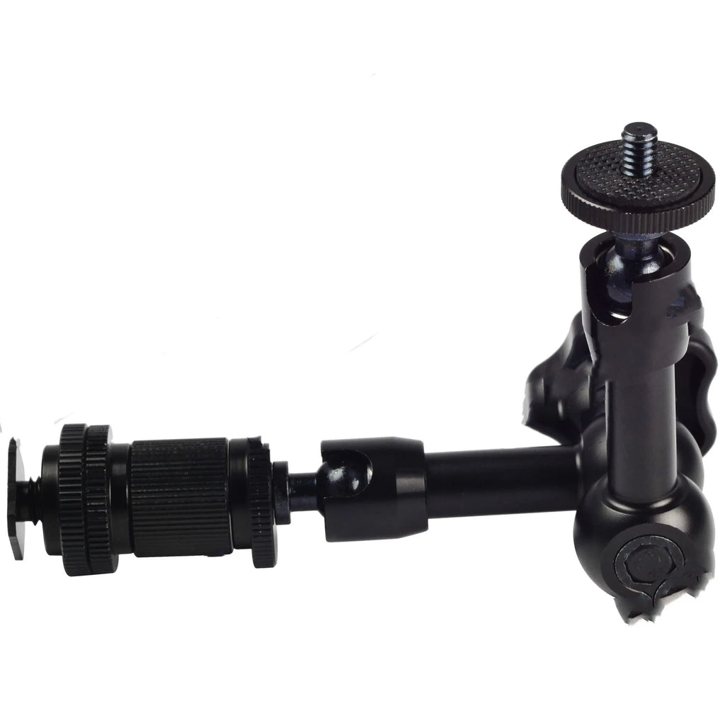 Black metal 7-inch articulating magic arm for DSLR cameras with hot shoe and camera mounts.