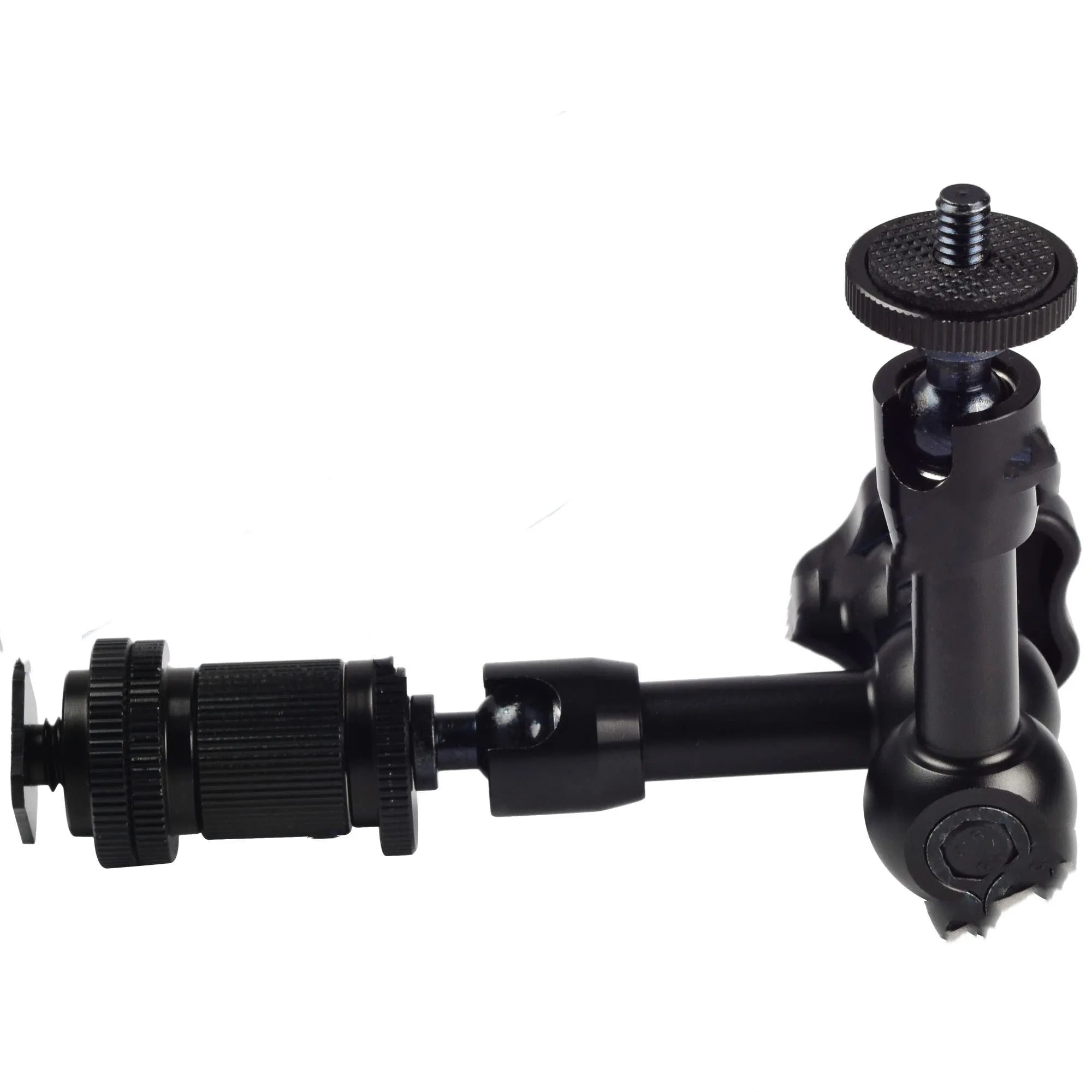 Black metal 7-inch articulating magic arm for DSLR cameras with hot shoe and camera mounts.