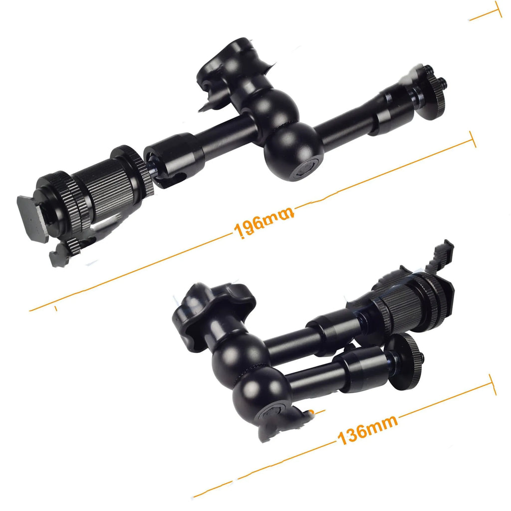 Black metal 7-inch articulating magic arm for DSLR cameras with hot shoe and camera mounts.