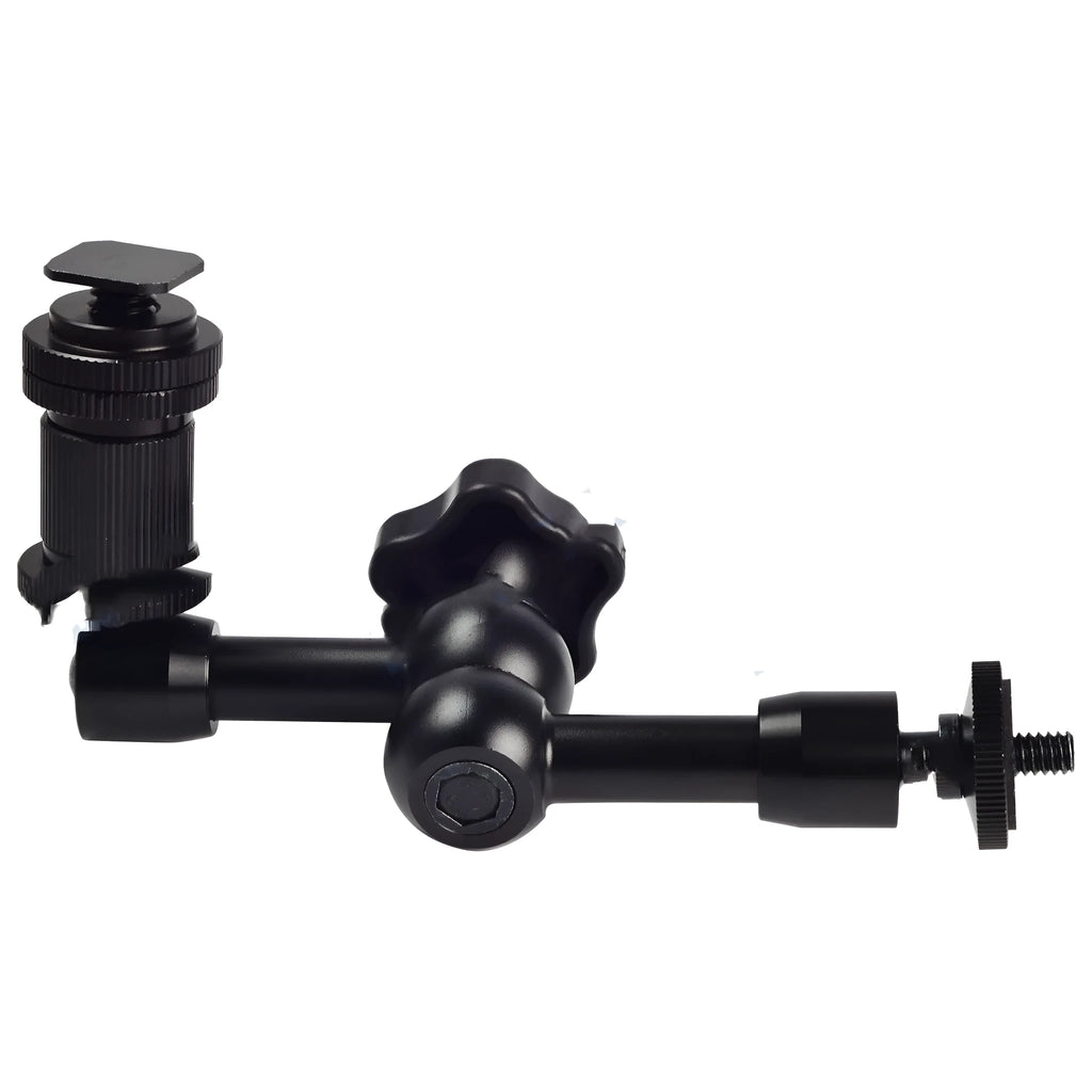 Black metal 7-inch articulating magic arm for DSLR cameras with hot shoe and camera mounts.