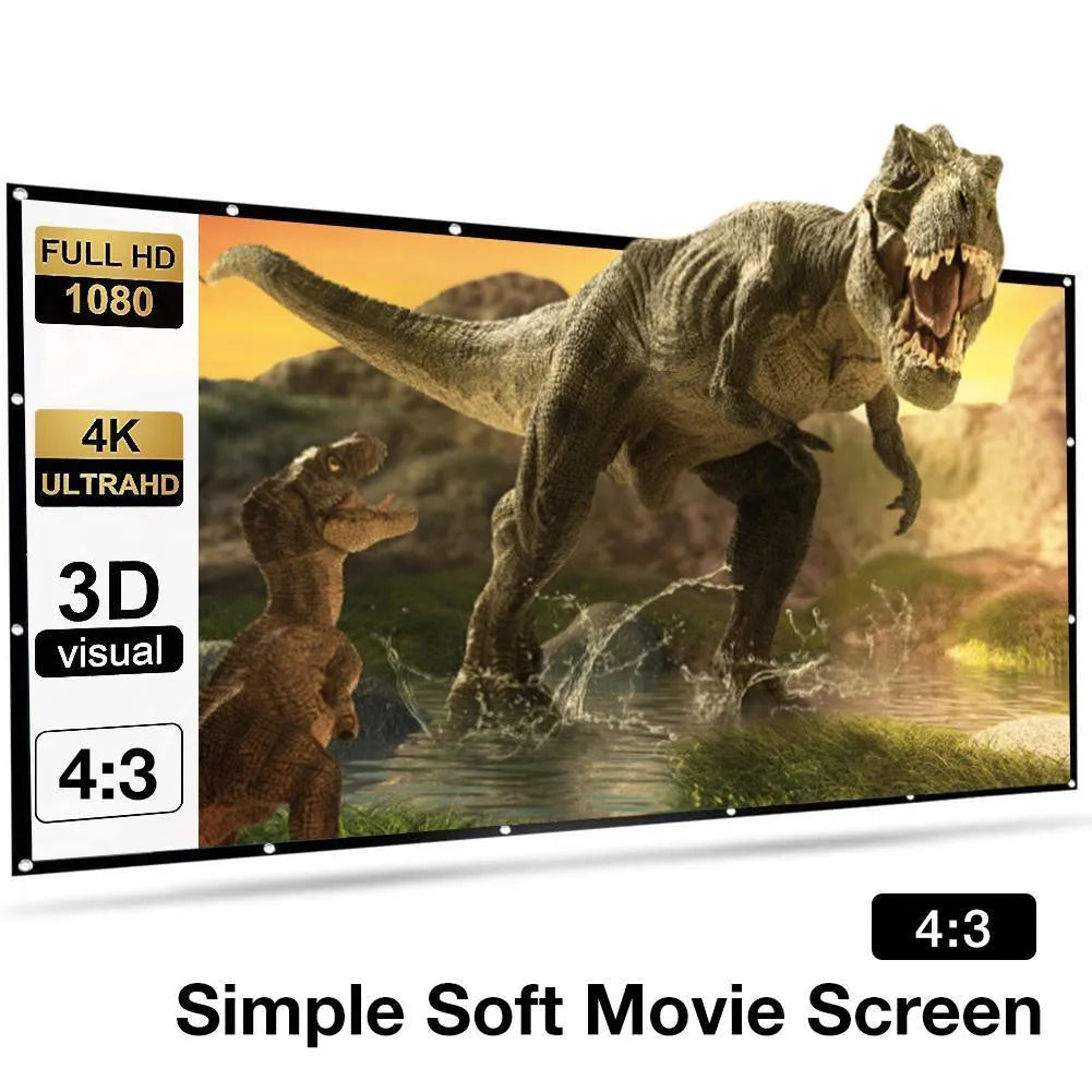 White polyester folding projector screen showing 150-inch 4:3 size.