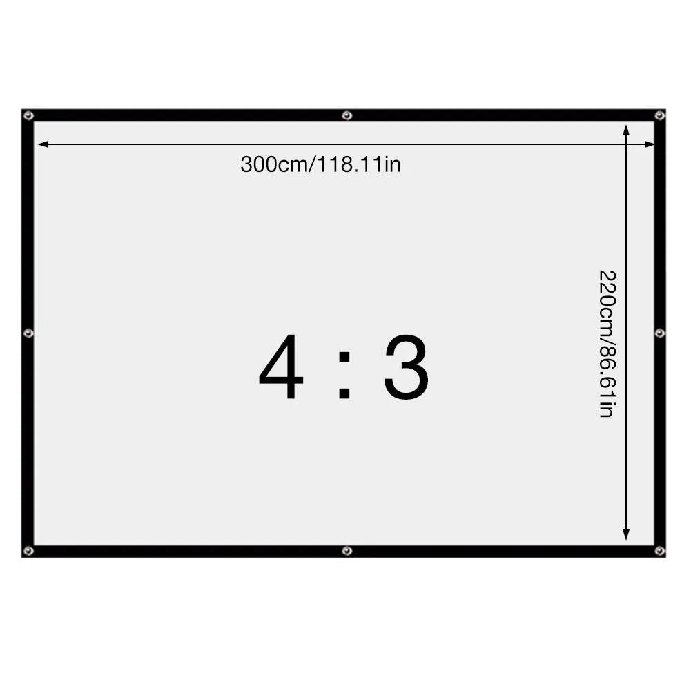 White polyester folding projector screen showing 150-inch 4:3 size.