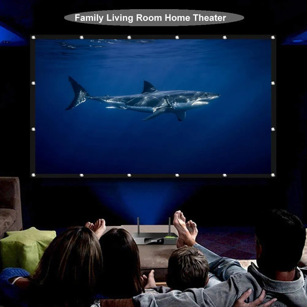 White polyester folding projector screen showing 150-inch 4:3 size.