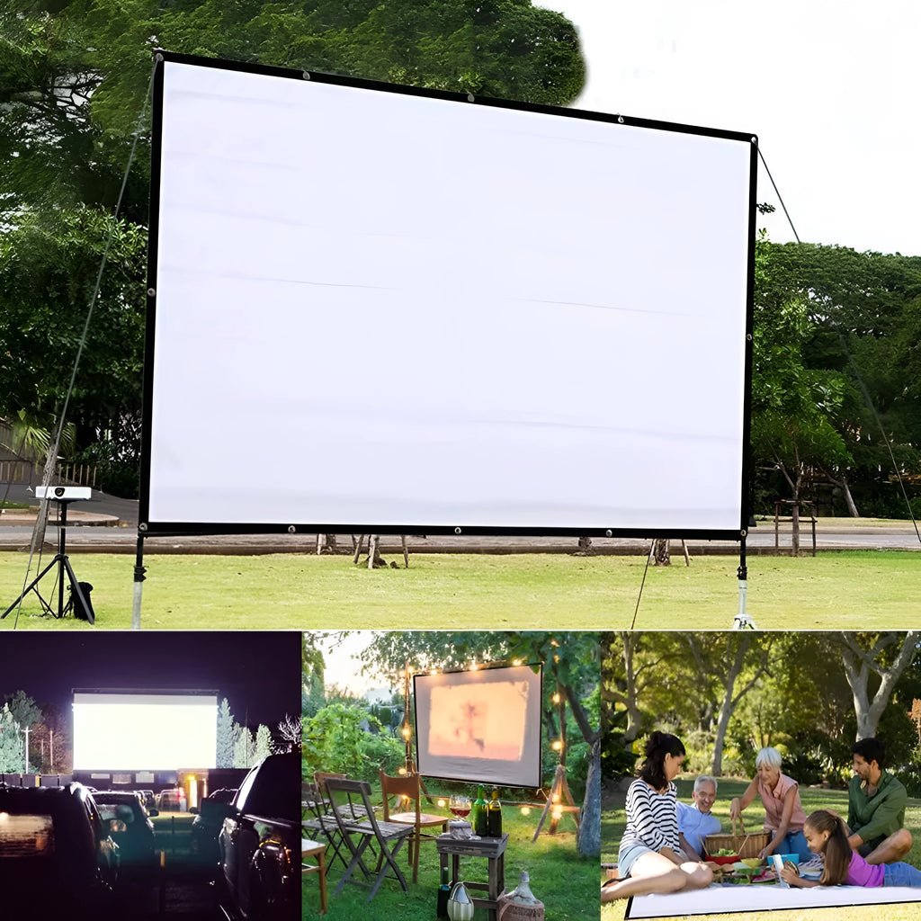 White polyester folding projector screen showing 150-inch 4:3 size.