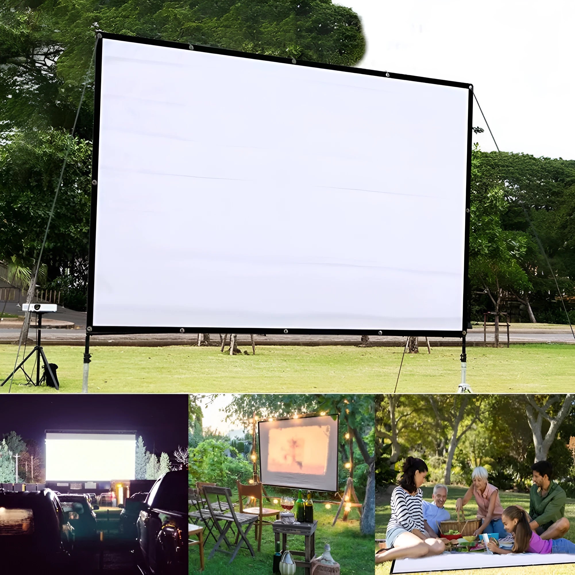 White polyester folding projector screen showing 150-inch 4:3 size.
