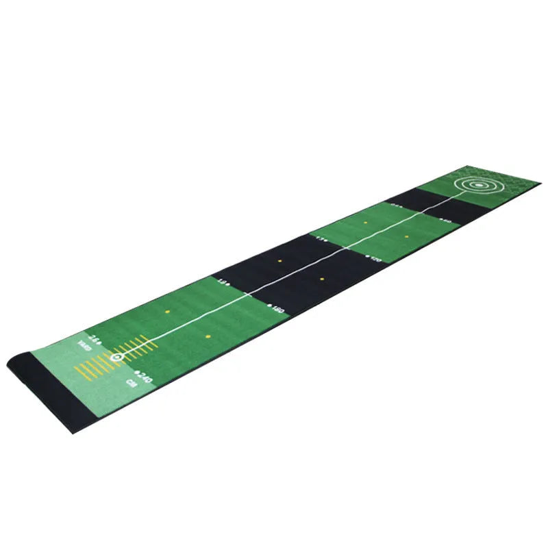 Golf putting practice blanket 3 metres long with non-slip TPR surface, green style, on grassy outdoor area
