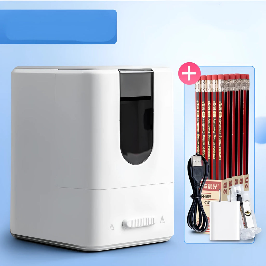 Chenguang automatic electric pencil sharpener white with spare blade holder and power cord on table