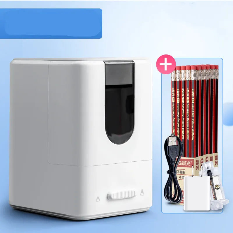 Chenguang automatic electric pencil sharpener white with spare blade holder and power cord on table