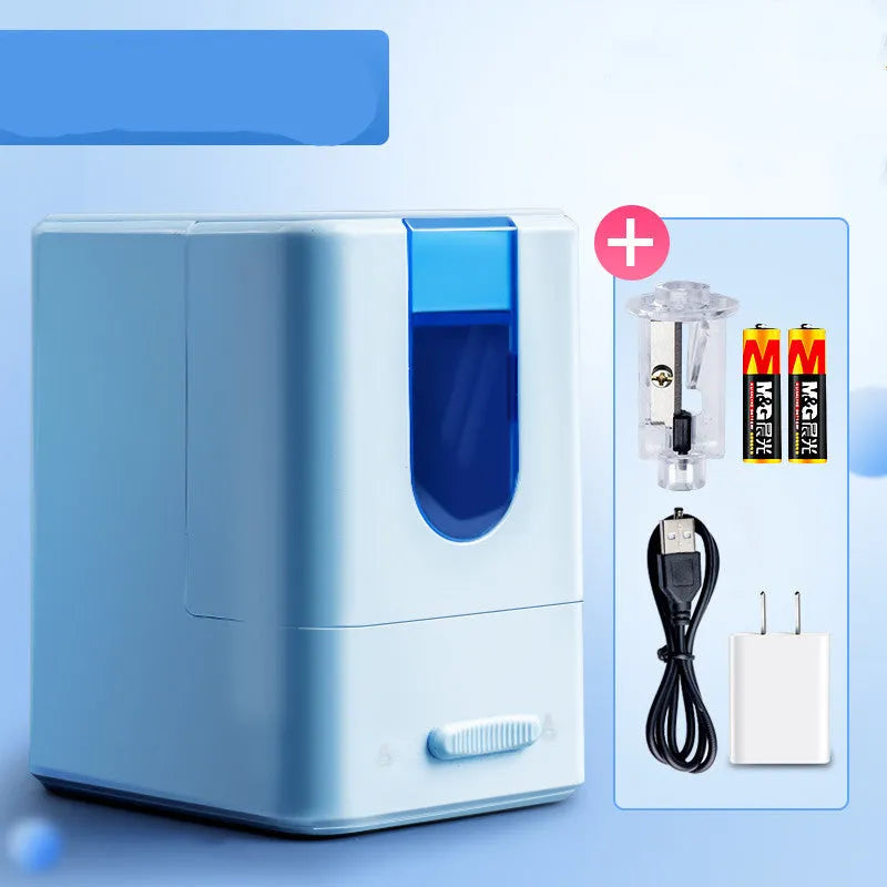 Chenguang automatic electric pencil sharpener white with spare blade holder and power cord on table