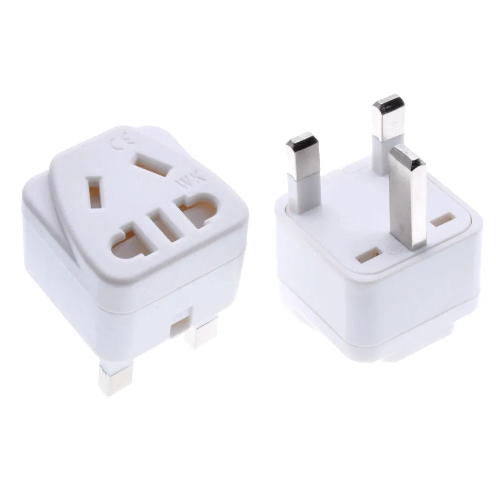 Square three plug power conversion adapter in black or white with 13A 110-250V rating