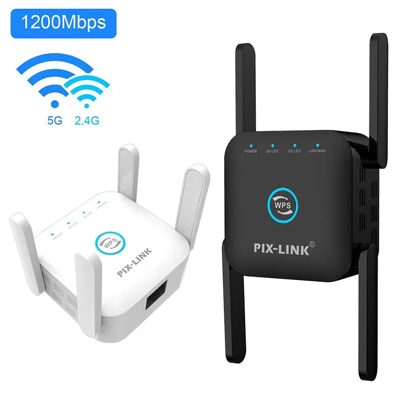 PIXLINK AC24 dual-band wireless router in black or white with UK power adapter