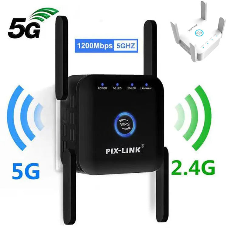 PIXLINK AC24 dual-band wireless router in black or white with UK power adapter