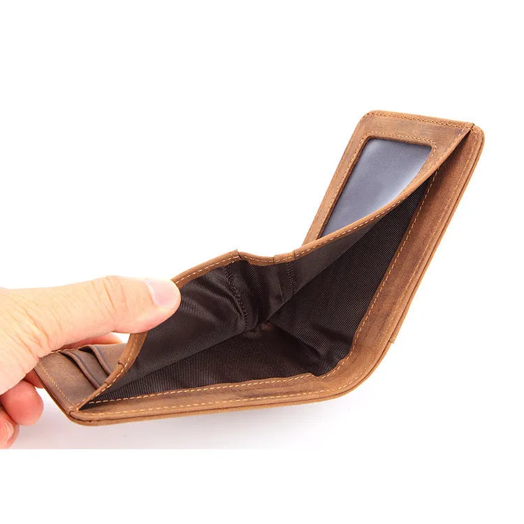 Brown RFID men's leather mini wallet showing card slots and compact 11cm design