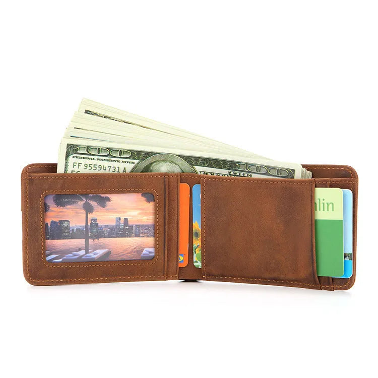 Brown RFID men's leather mini wallet showing card slots and compact 11cm design