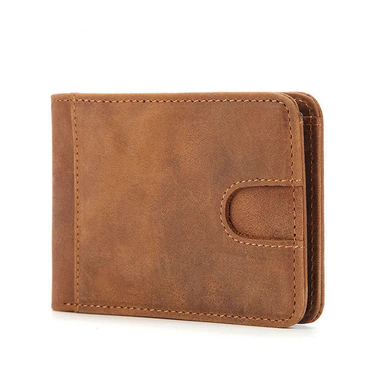 Brown RFID men's leather mini wallet showing card slots and compact 11cm design