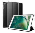 Black clamshell iPad case with a built-in silicone stand, shown open next to a tablet.