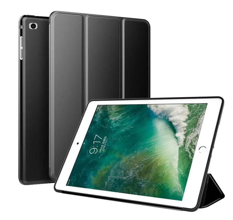 Black clamshell iPad case with a built-in silicone stand, shown open next to a tablet.
