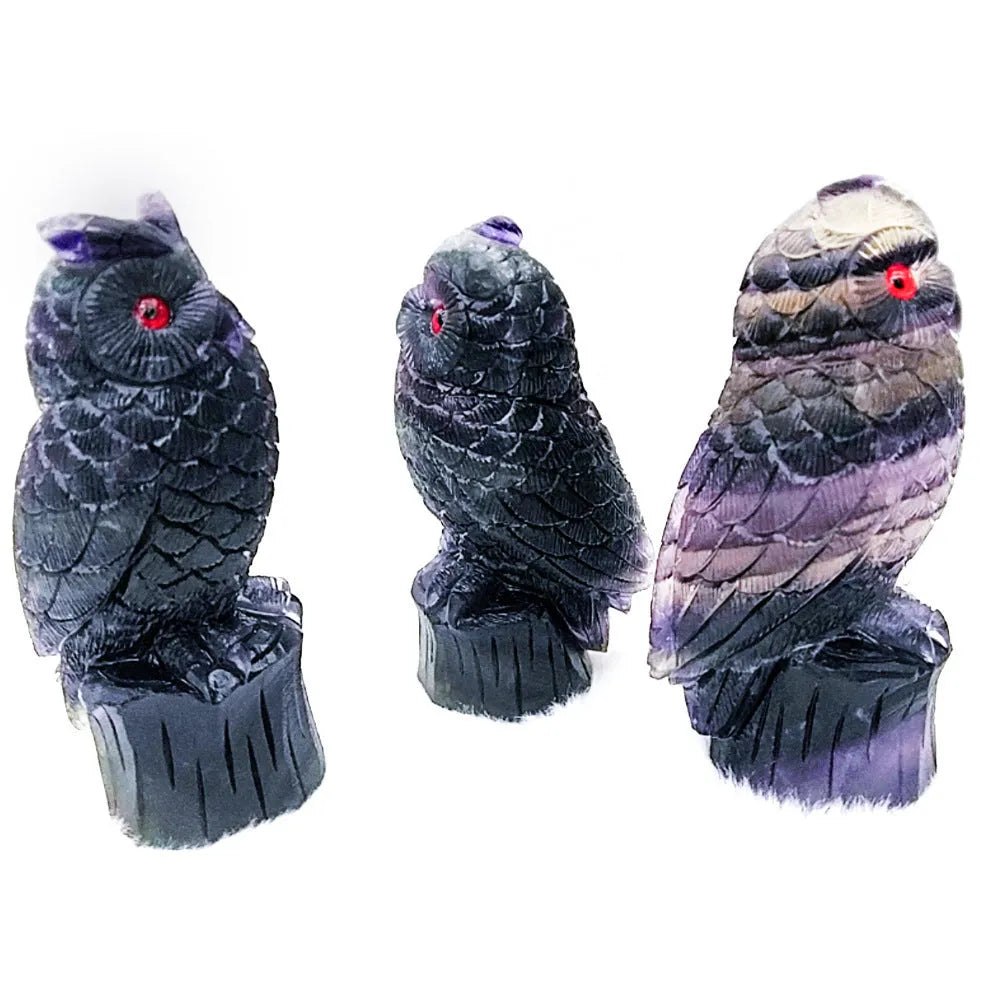 Purple fluorite hand-carved owl ornament measuring approximately 4 inches in height