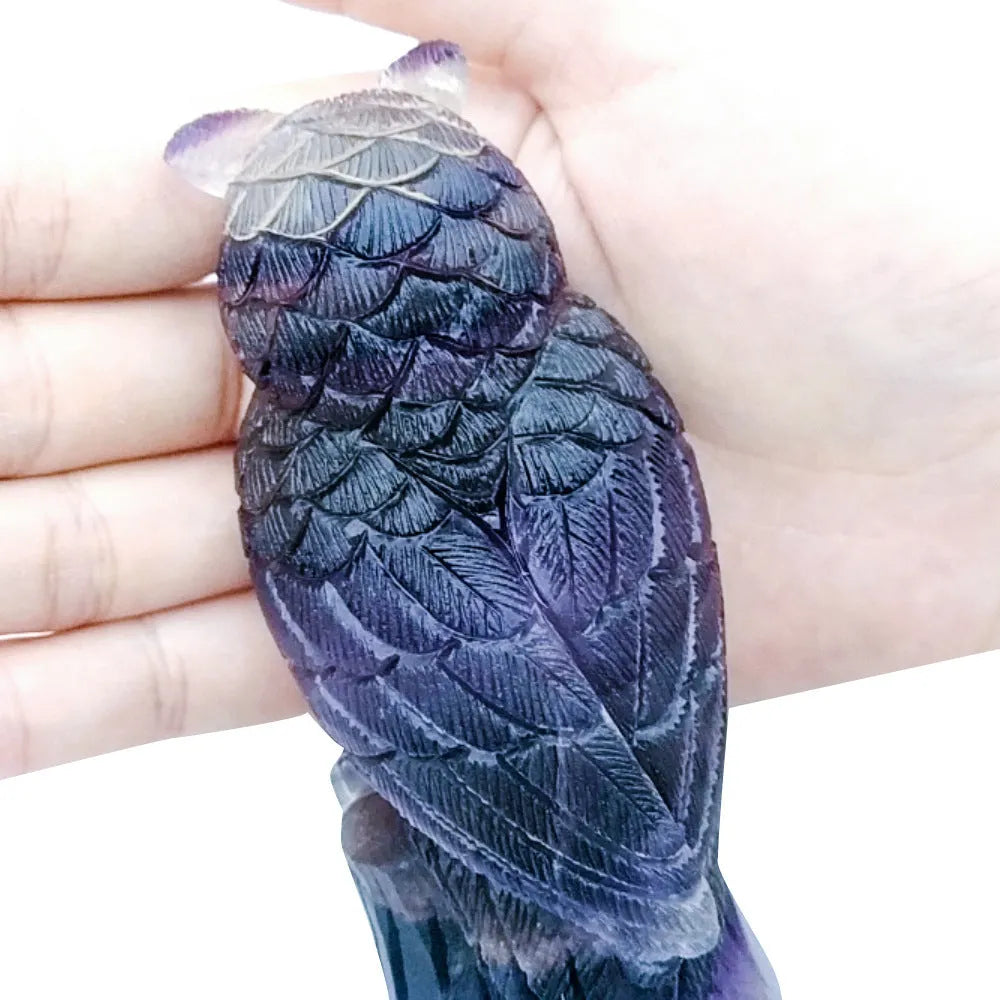 Purple fluorite hand-carved owl ornament measuring approximately 4 inches in height