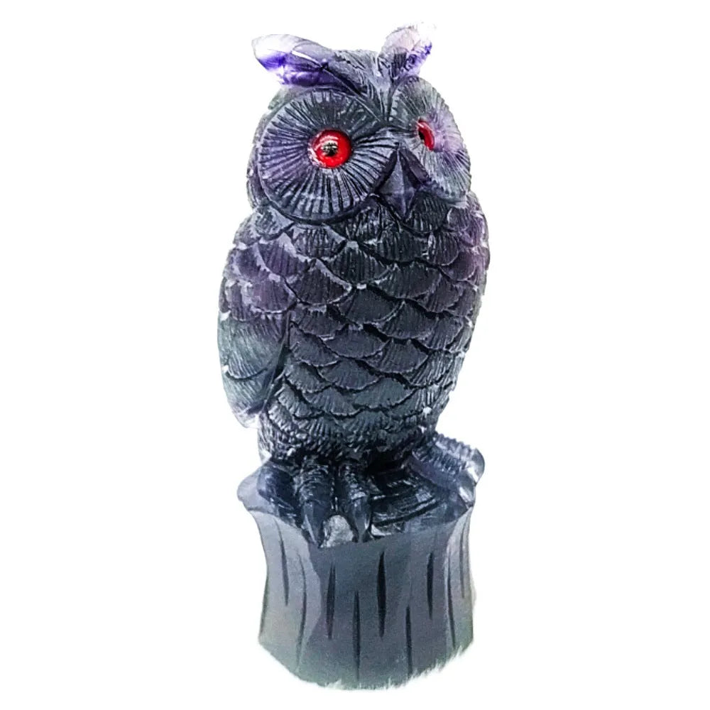 Purple fluorite hand-carved owl ornament measuring approximately 4 inches in height