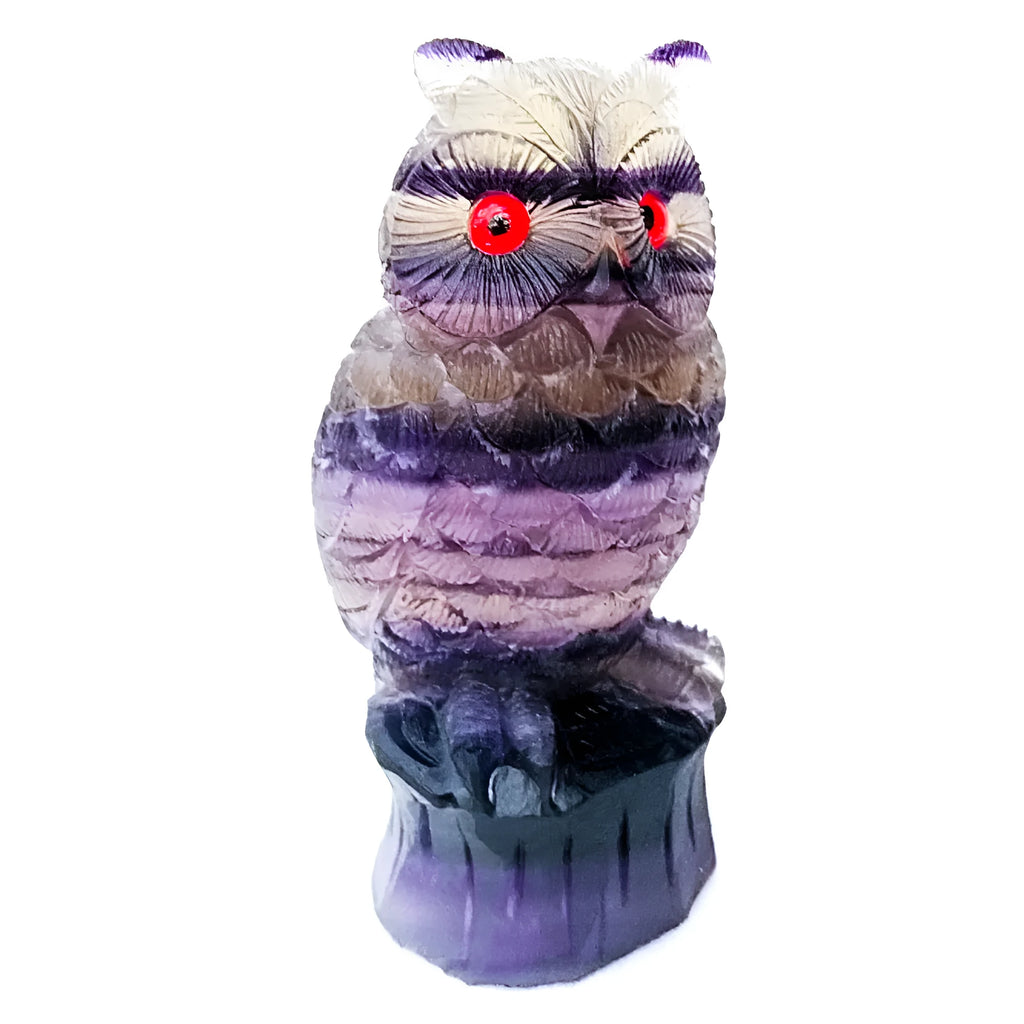 Purple fluorite hand-carved owl ornament measuring approximately 4 inches in height