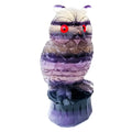 Purple fluorite hand-carved owl ornament measuring approximately 4 inches in height